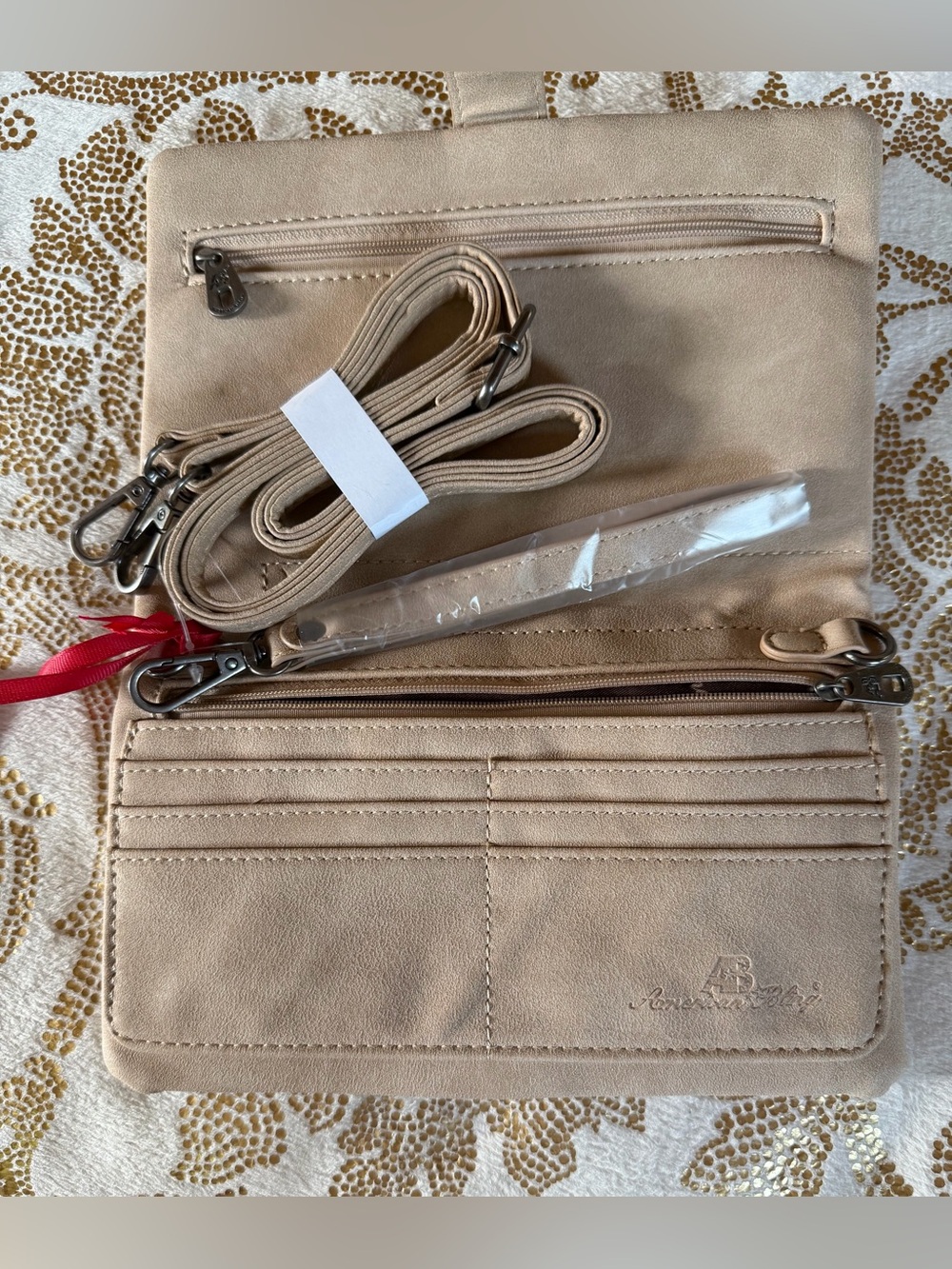 American Bling Taupe Crossbody Clutch with Dark Brown Embossed Panel